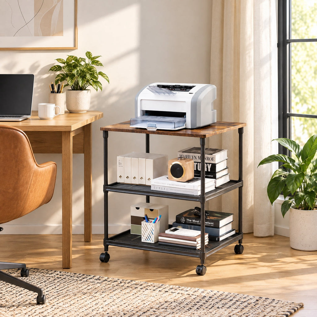 Airfind 3 Tier Printer Stand Rolling Fax Cart with Adjustable Shelf and Swivel Wheels, Engineered Wood Iron Frame, 24 x 20 x 27 Footprint, Coffee
