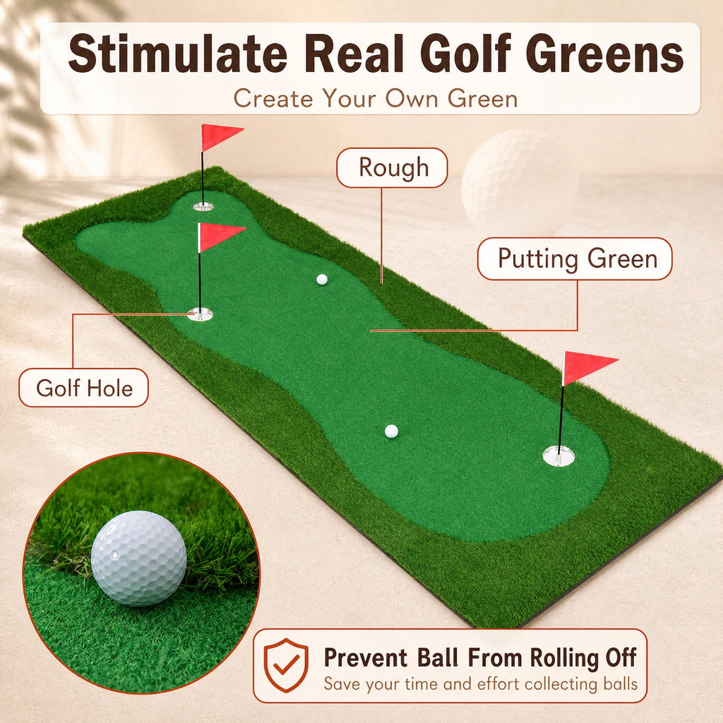 Airfind 10 x 3.3 FT Golf Putting Green with Realistic Artificial Grass Turf, Practice Putting Green Mat with 3 Holes for Indoor Outdoor Backyard