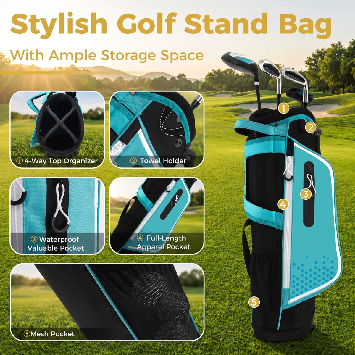 Airfind Junior Complete Golf Club Set Right Hand with Stand Bag Rain Hood and 4 Clubs for Kids Ages 5 to 7 Beginners, Blue