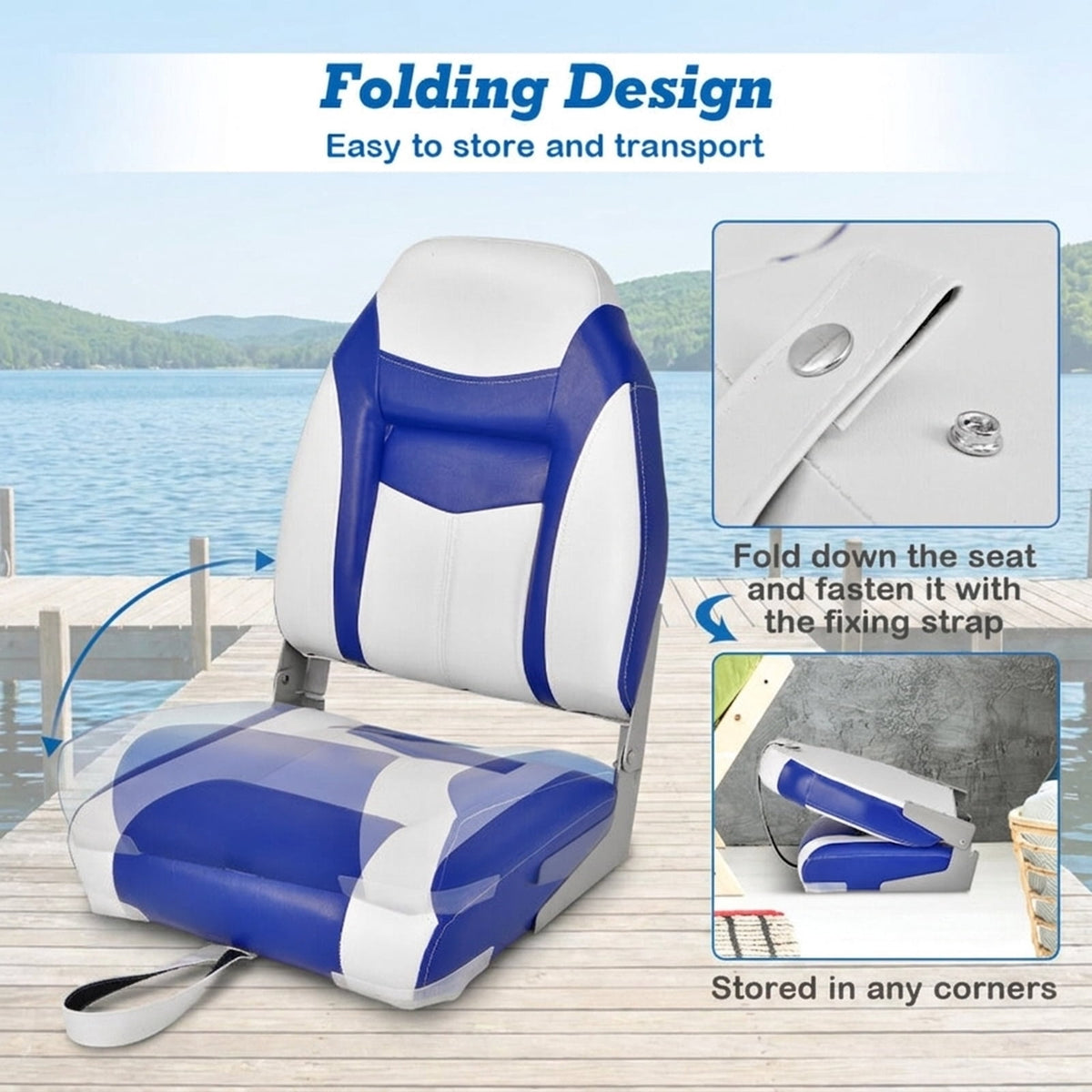 Airfind Folding Boat Seats Set with High Back Ergonomic Support and Waterproof Padded Cushion for Fishing and Pontoon Boats, Blue