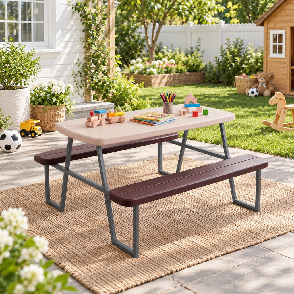 Airfind Kids Picnic Table with Benches Seats up to 4, 660 lbs Capacity, Metal Frame, for 3+ years old, 40 x 39.5 x 59 Tabletop Footprint, Brown