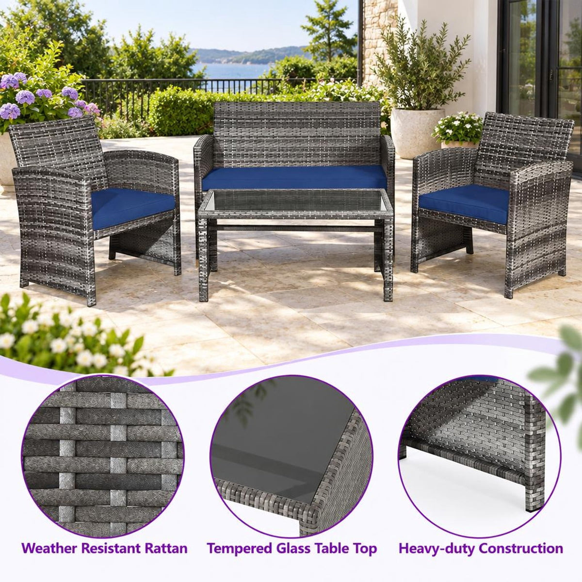 Airfind 4 Pieces Patio Rattan Furniture Set with Glass Table and Loveseat, PE Rattan Polyester Fiber Steel Sponge Single Sofa Frame, Navy