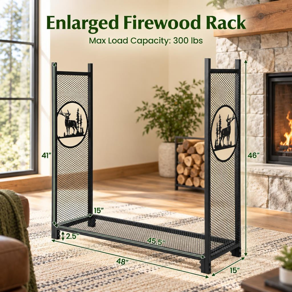 Airfind 4 Feet Firewood Rack Stand with Mesh Sides, 300 lbs Capacity, Metal Frame, 48 x 15 x 46 Footprint, Black