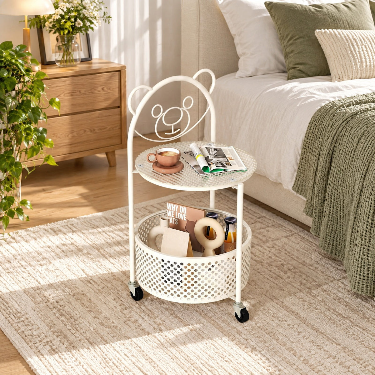 Airfind Modern Sofa Side Table on Lockable Wheels for Living Room Bedroom Study, 33 Lbs Capacity, Tempered Glass Metal, White