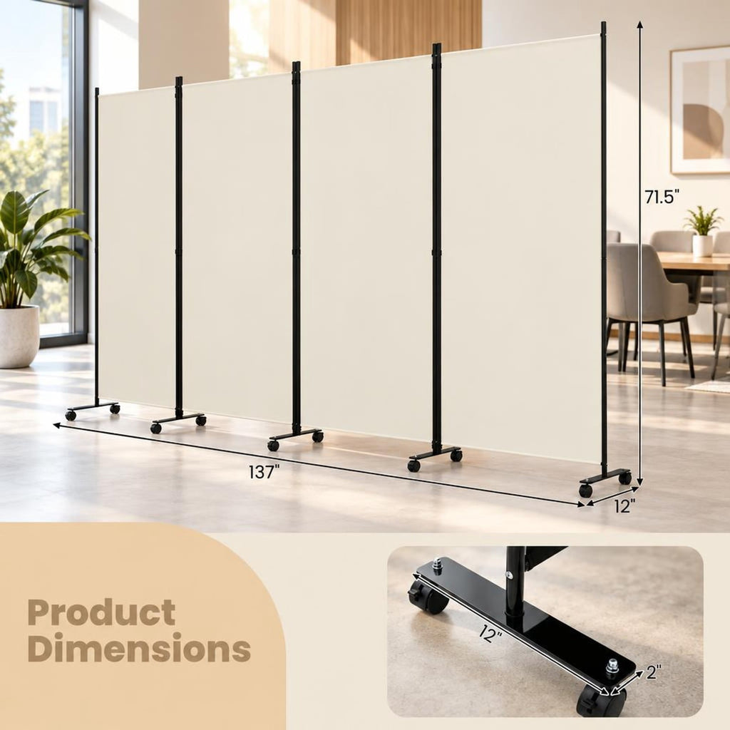 Airfind 4 Panel Folding Privacy Screen Room Divider with Wheels, Polyester Fabric Metal PP Frame, 137 x 12 x 71.5 Footprint, White