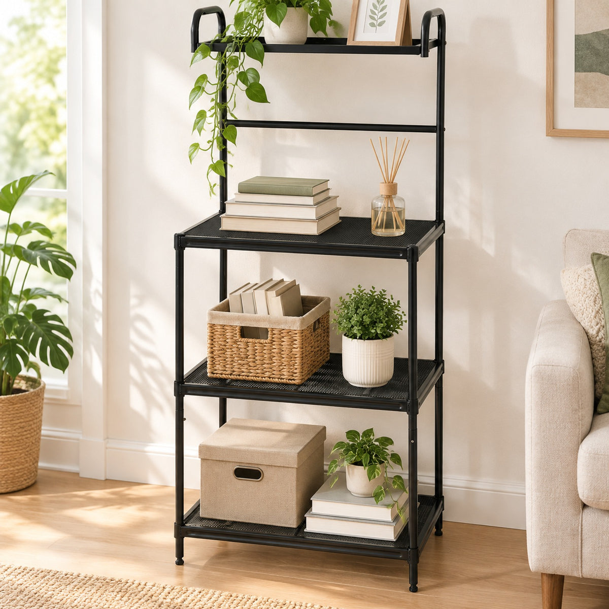 Airfind 4-Tier Kitchen Microwave Storage Rack with Metal Shelves, 55 lbs Capacity, Iron Frame, 23.5 x 13.5 x 53.5 Footprint, Black
