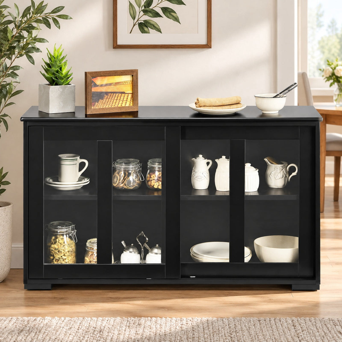 Airfind Kitchen Storage Cabinet with Glass Sliding Door, MDF transparent tempered glass Frame, 42in x 13.0in x 24.5in Footprint, Black