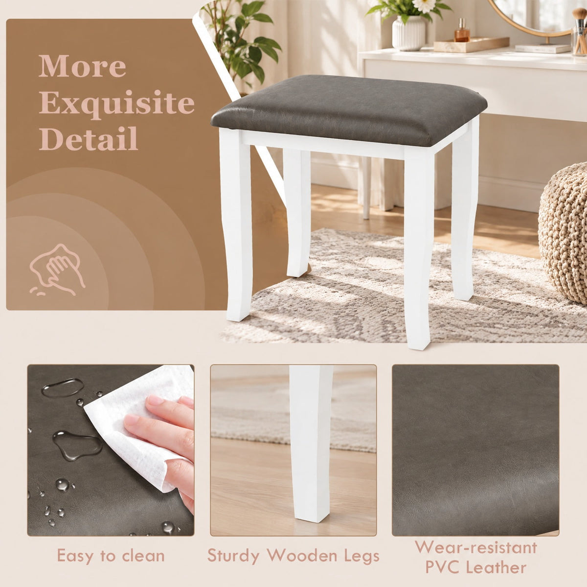 Airfind Faux Leather Vanity Stool Chair Set of 2 for Makeup Room and Living Room, 18.5in x 14.5in x 17.5inSeat Cushion Footprint, Gray