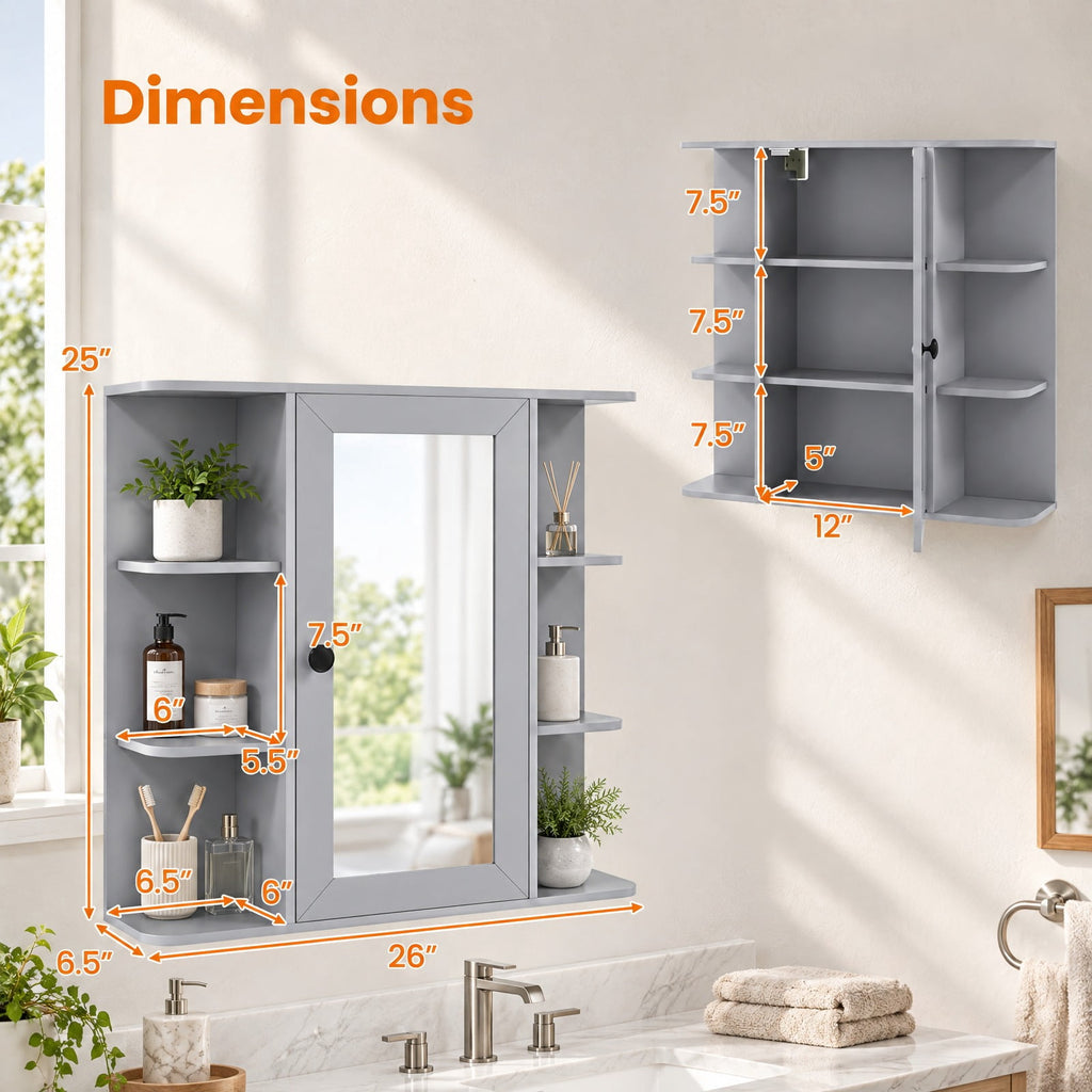 Airfind Wall Mounted Bathroom Medicine Cabinet with Mirror and Shelves, 120 lbs Capacity, MDF Engineered Wood Glass Frame, Gray