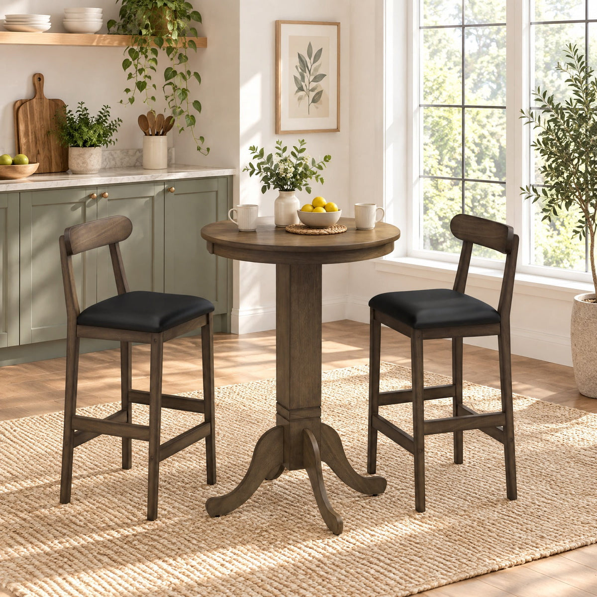 Airfind Set of 2 Bar Stools Upholstered with Rubber Wood Legs and Footrests, 330 lbs Capacity, Rubber Wood Sponge PVC Leather Frame, Wood