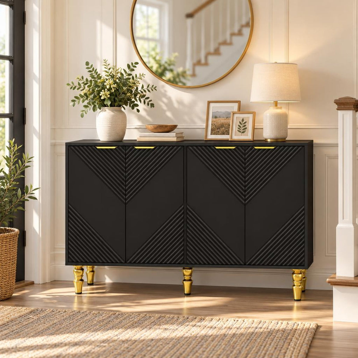 Airfind 47 Sideboard Buffet Cabinet with 4 Chevron Fluted Doors Anti-Toppling Devices for Kitchen, Black