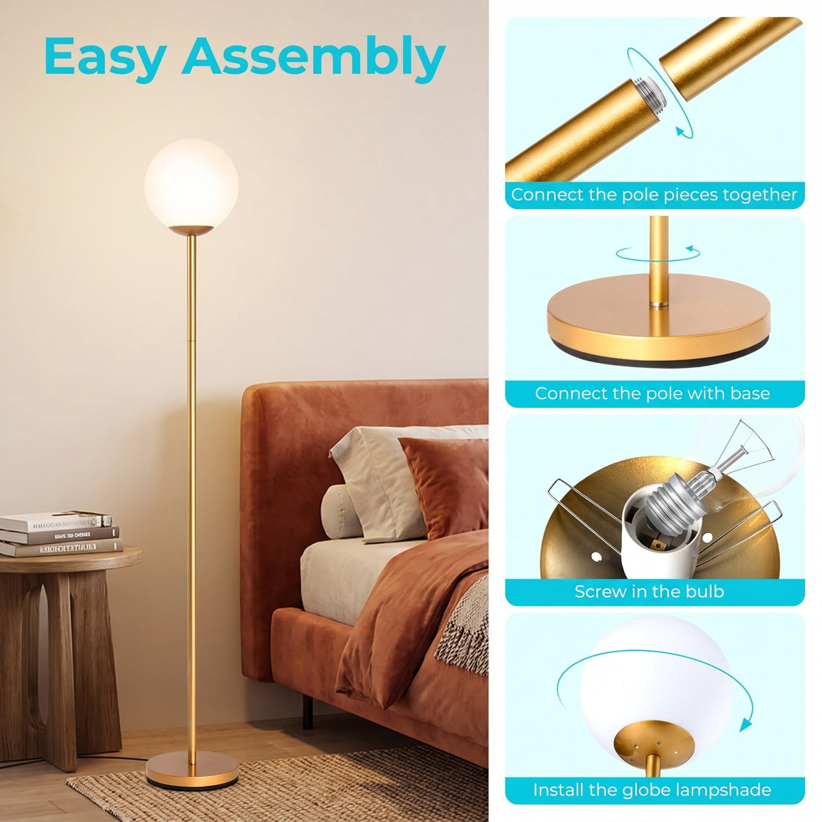 Airfind Glass Globe LED Floor Lamp with Glass Lampshade, A3 steel Frame, 8in x 10in x 65in (L x W x H) Lampshade Footprint, Golden