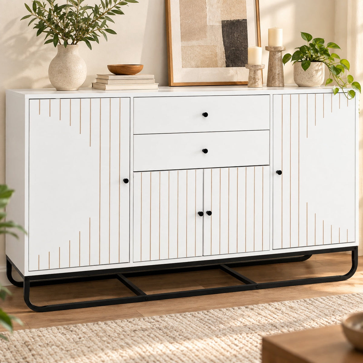 Airfind Modern Buffet Sideboard Cabinet w/ 2 Drawers Adjustable Shelves for Dining Room, 176 lbs Capacity, Engineered Wood Metal Frame, Black