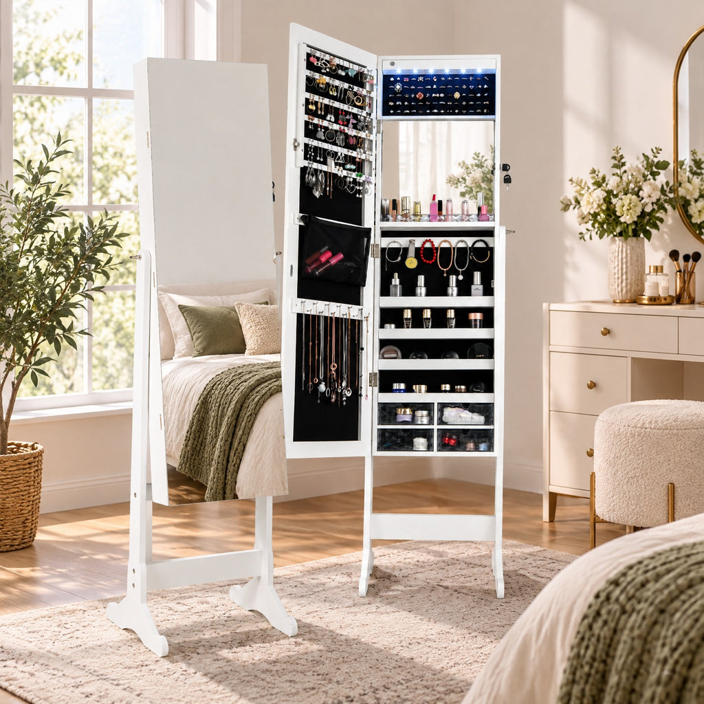 Airfind Free Standing Full Length Jewelry Armoire with LED Lights, P2 MDF Glass Plastic Acrylic Frame, 101in x 72in x 72in Footprint, White