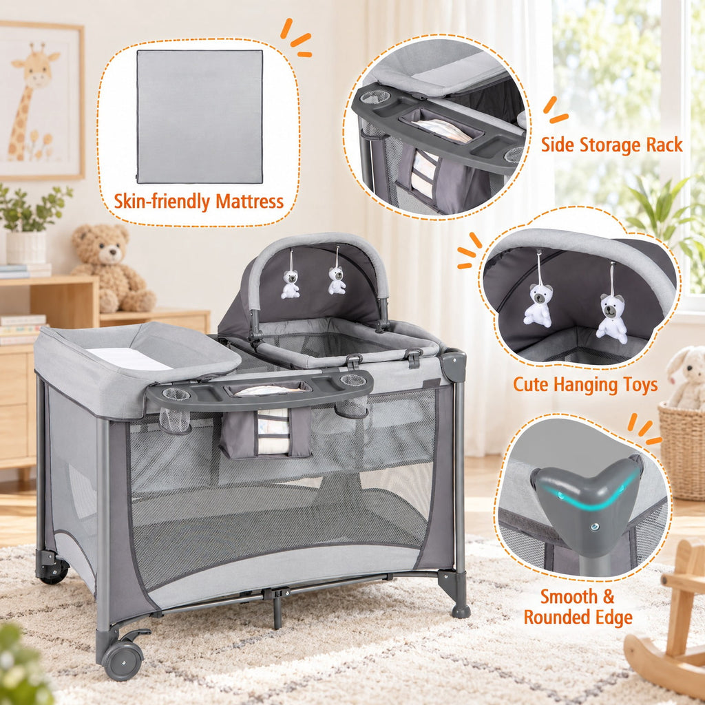 Airfind 5-in-1 Portable Child Playard with Cradle and Storage Basket, 33 Lbs Capacity, Polyester Fabric Sponge Iron PP Basic Child Playard, Gray