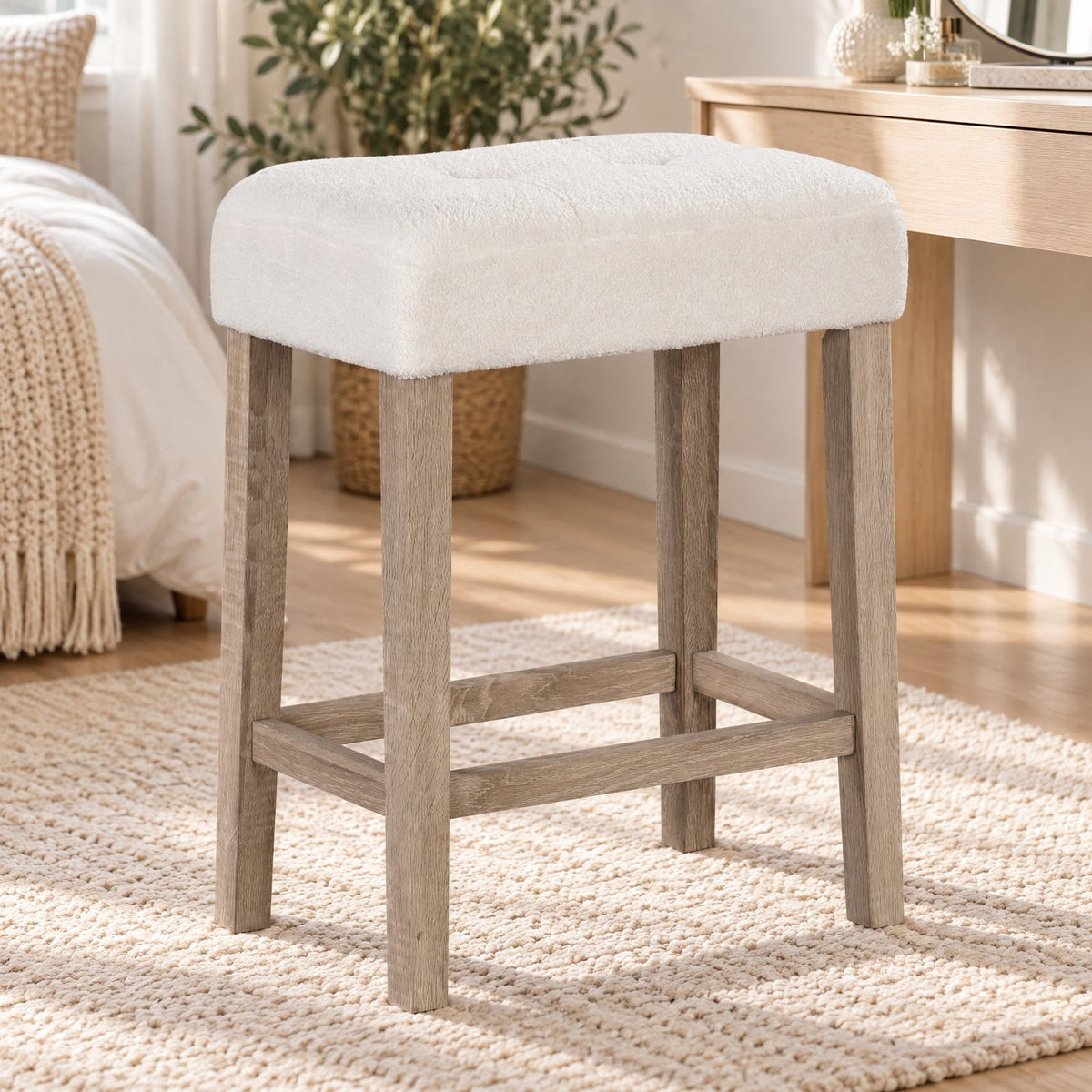 Airfind Modern Counter Height Bar Stools Set of 2 with Rubber Wood Legs, 350 lbs Capacity, Sherpa Fabric Rubber Wood MDF Sponge Frame, White
