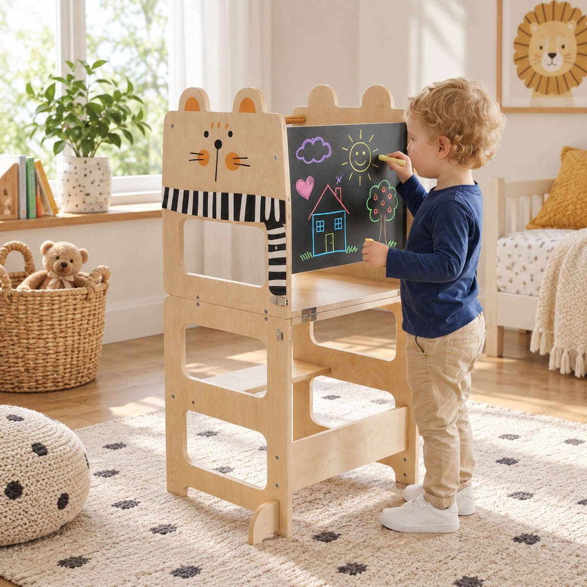 Airfind 3-in-1 Wooden Kids Toddler Kitchen Step Stool with Blackboard-BlackWhite, 110 lbs Capacity, Poplar Wood Frame, for 18+ months, Black