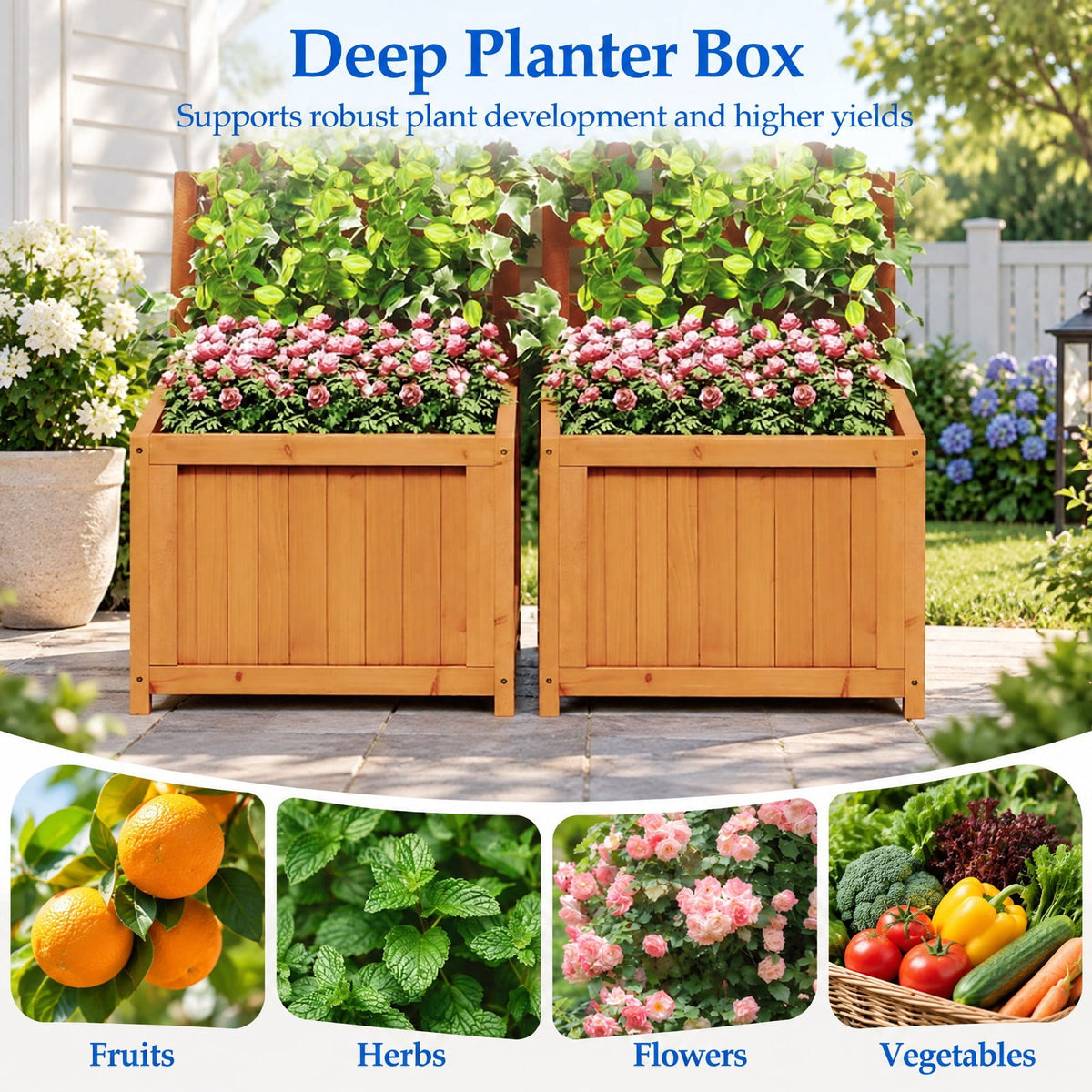 Airfind 48 Inch Wood Raised Garden Bed with Trellis with Drainage Holes, 44 lbs Capacity, Wood Frame, 17 Inch x 16 Inch x 48 Inch Planter Box Interior Footprint