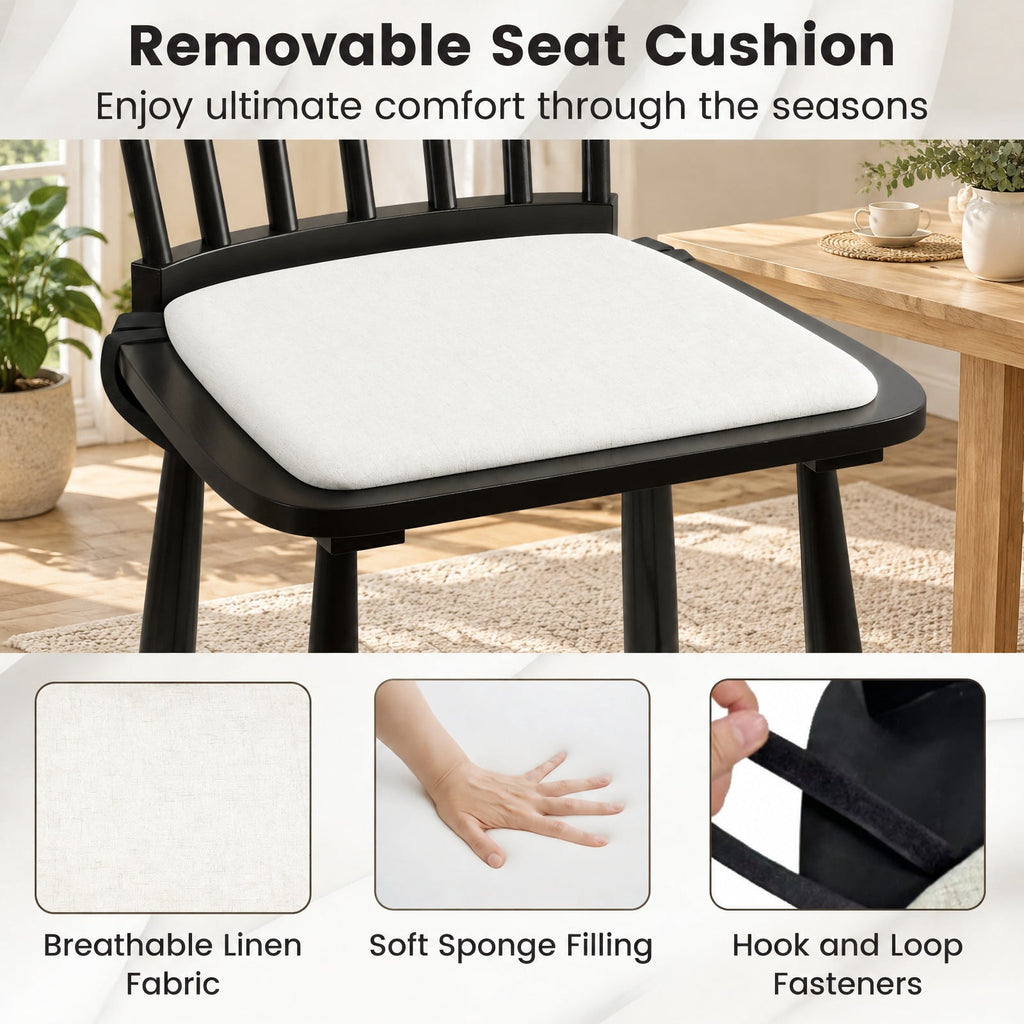 Airfind Dining Chairs Set of 2 Farmhouse Solid Rubber Wood Windsor Chairs with Removable Seat Cushions, 420 lbs Capacity, Black