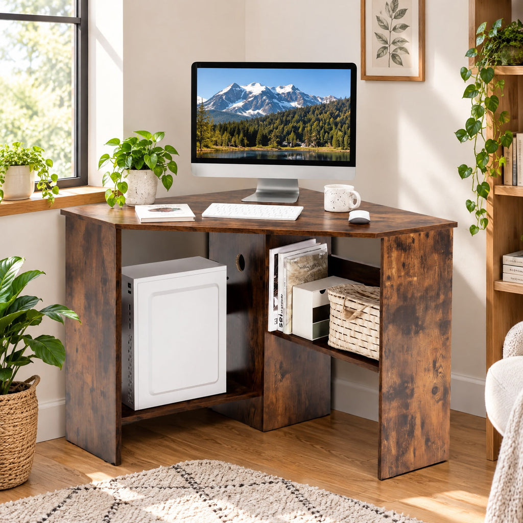 Airfind Corner Computer Desk Triangle Writing Workstation with Storage Shelf, 200 lbs Capacity, E0 engineered wood Frame, Brown