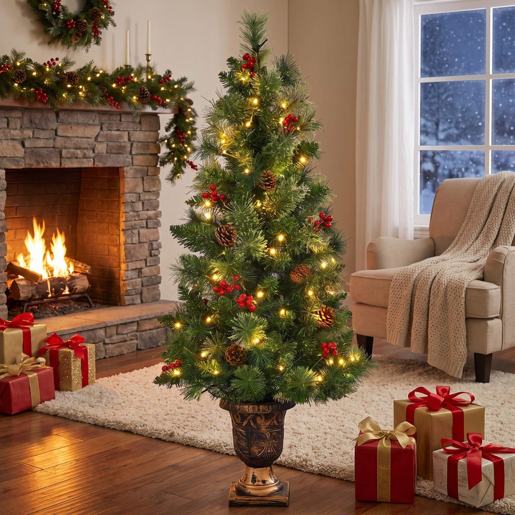 Airfind LED Christmas Tree with Red Berries Pine Cones-3, PVC Metal Cement Tree Height 3 ft 4 ft 5 ft Tree Width 15 22 26 Frame, Red