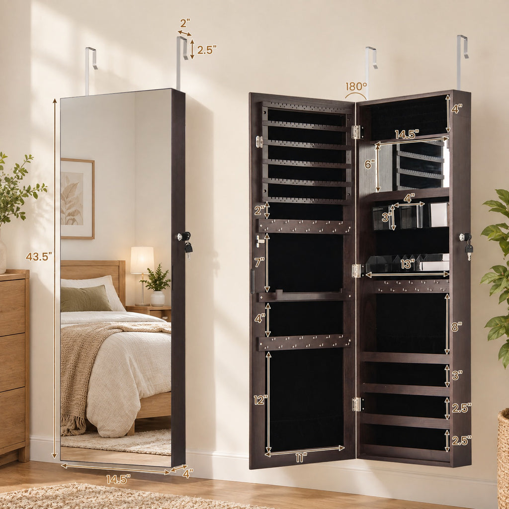 Airfind 43.5 Inch Jewelry Mirror Cabinet with Full-length Mirror and Adjustable Hangers, MDF Frame, Dark Brown