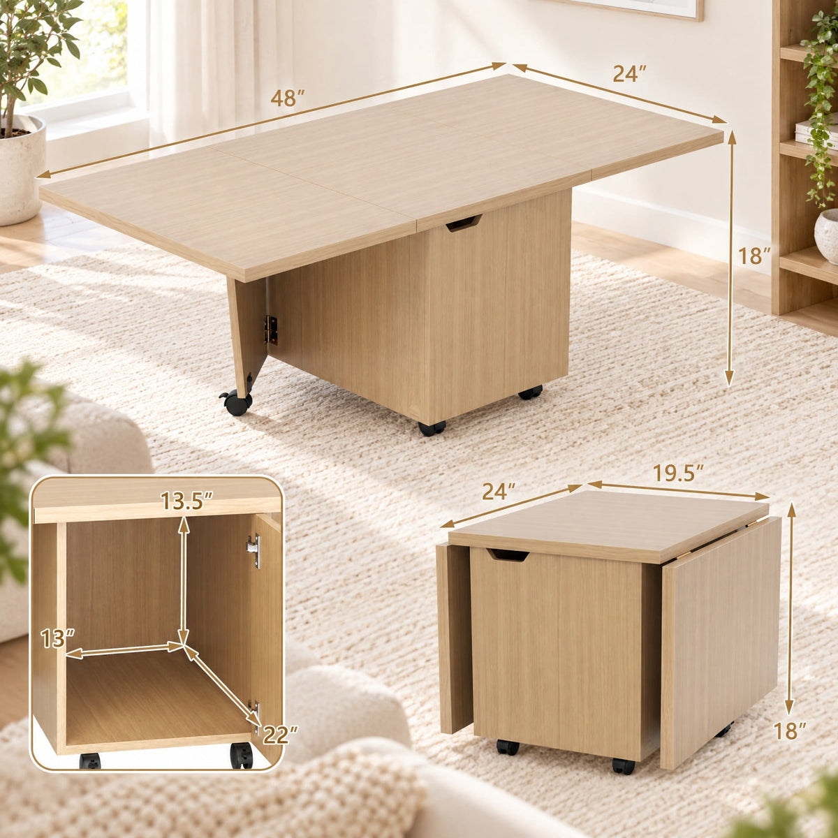 Airfind Foldable Coffee Table with Storage Cabinet Extendable Center Table, 155 lbs Capacity, Engineered Wood Frame, 48in x 24in x 18in Footprint, Oak