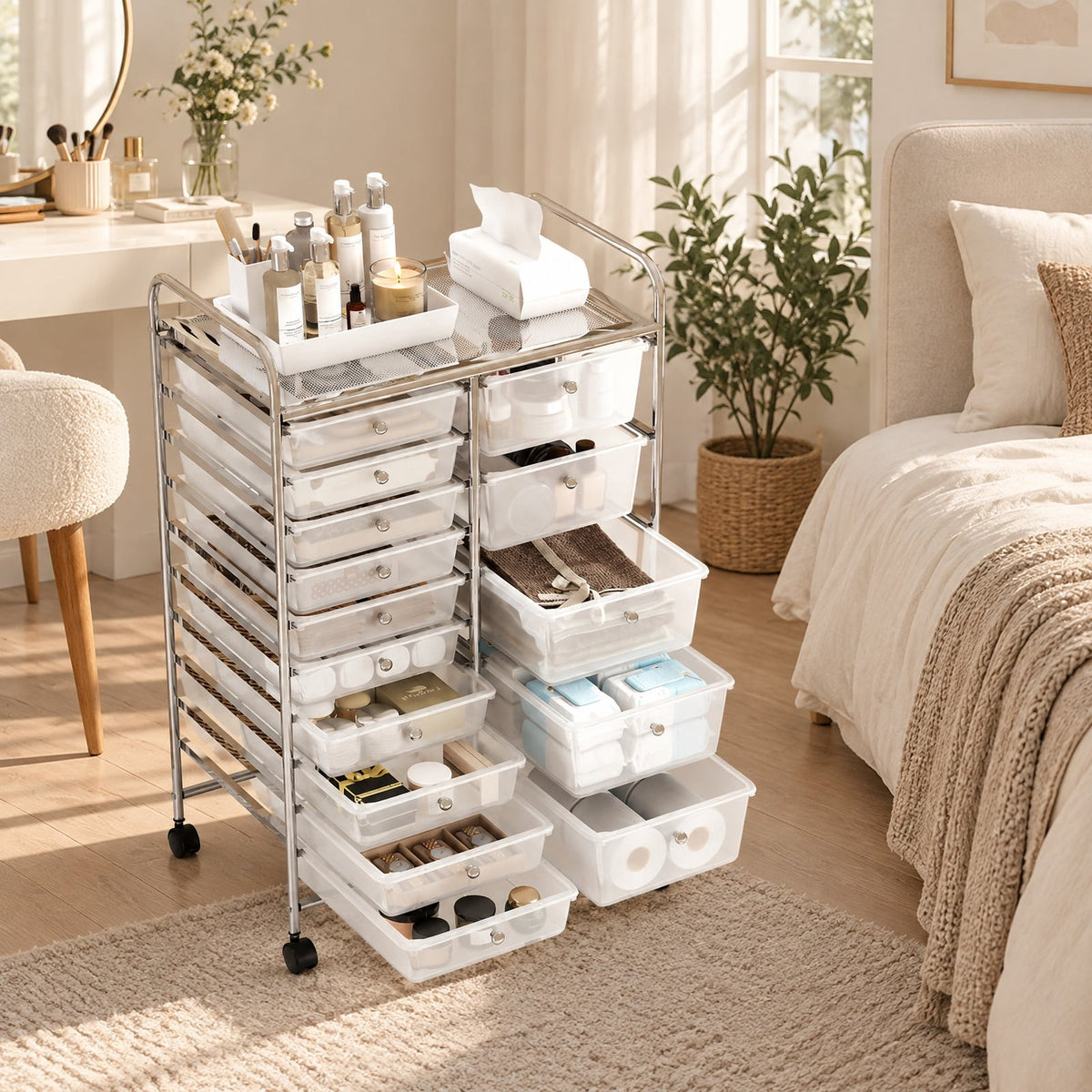Airfind Rolling Storage Cart 15-Drawer Trolley with Chrome Plated Metal Frame, 22 lbs Capacity, Metal PP Frame, 24.5 × 15 × 38 Footprint