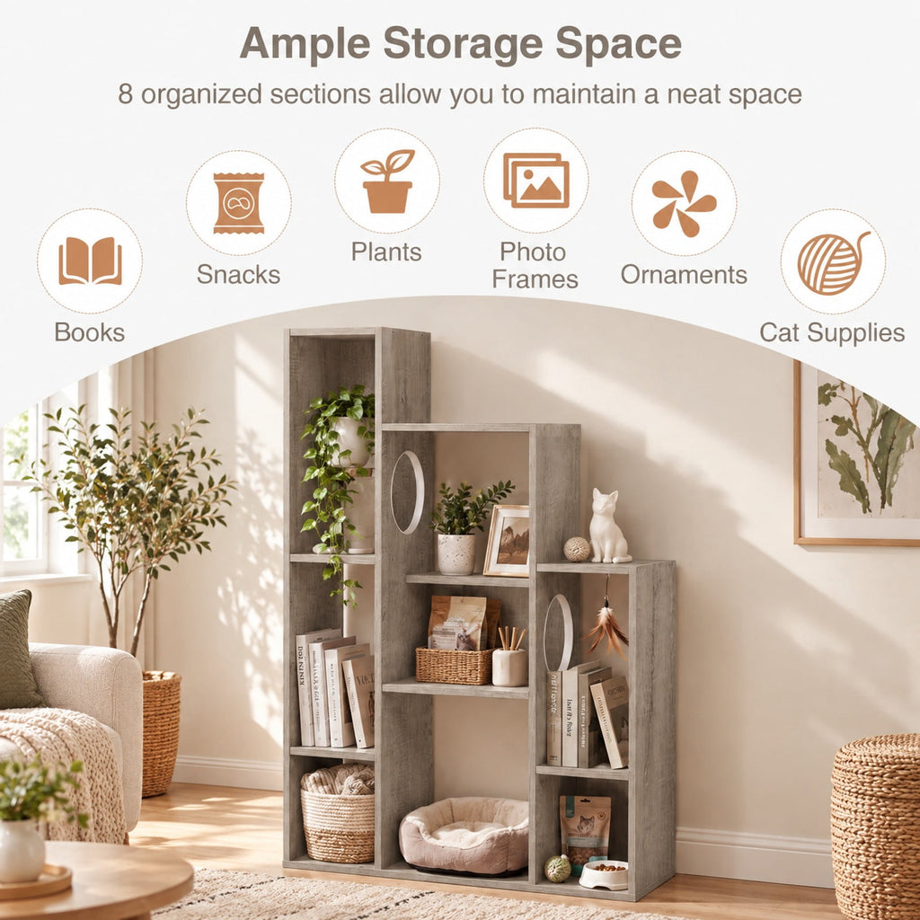 Airfind Modern Cat Bookshelf Cat Tree 8-Section Storage Cabinet with 2 Round Holes, 22 lbs Capacity, Engineered Wood Frame, Gray