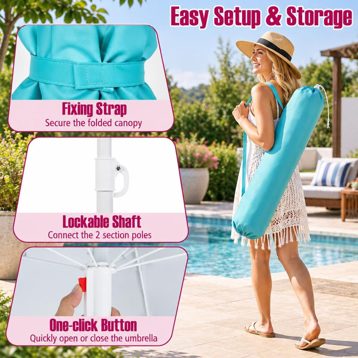 Airfind 6.5 FT Beach Umbrella UPF 50+ with Sand Anchor for Garden Pool, Polyester Fabric Metal Aluminum Alloy PP Frame, Turquoise Stripe