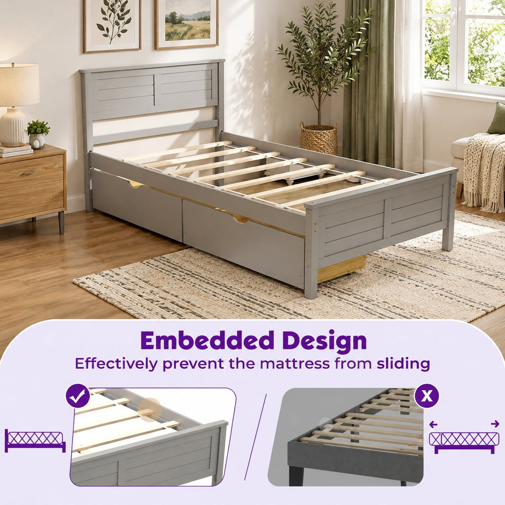 Airfind Twin Size Bed Frame with Storage Drawers, 350 lbs Capacity, Pine Wood Plywood MDF Engineered Wood Frame, Gray