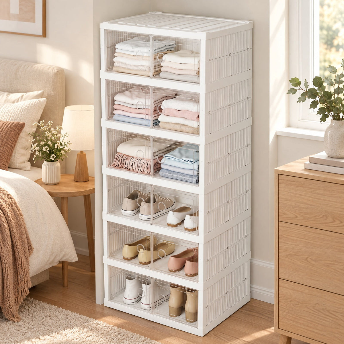 Airfind 6-Tier Shoe Organizer with Clear Doors and Portable Design for 12 Pairs, PP Frame, 17.5in x 13.5in x 42.5in Footprint, White
