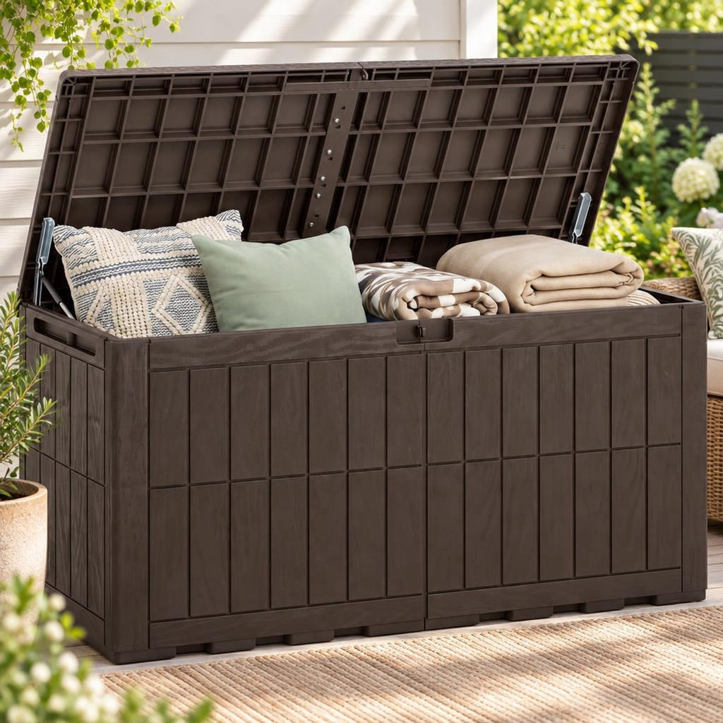 Airfind 120 Gal Outdoor Deck Box with Lid and Handles for Garden Tools, 540 lbs Capacity, PP Metal, 52 Inch x 24 Inch x 25 Inch , Brown