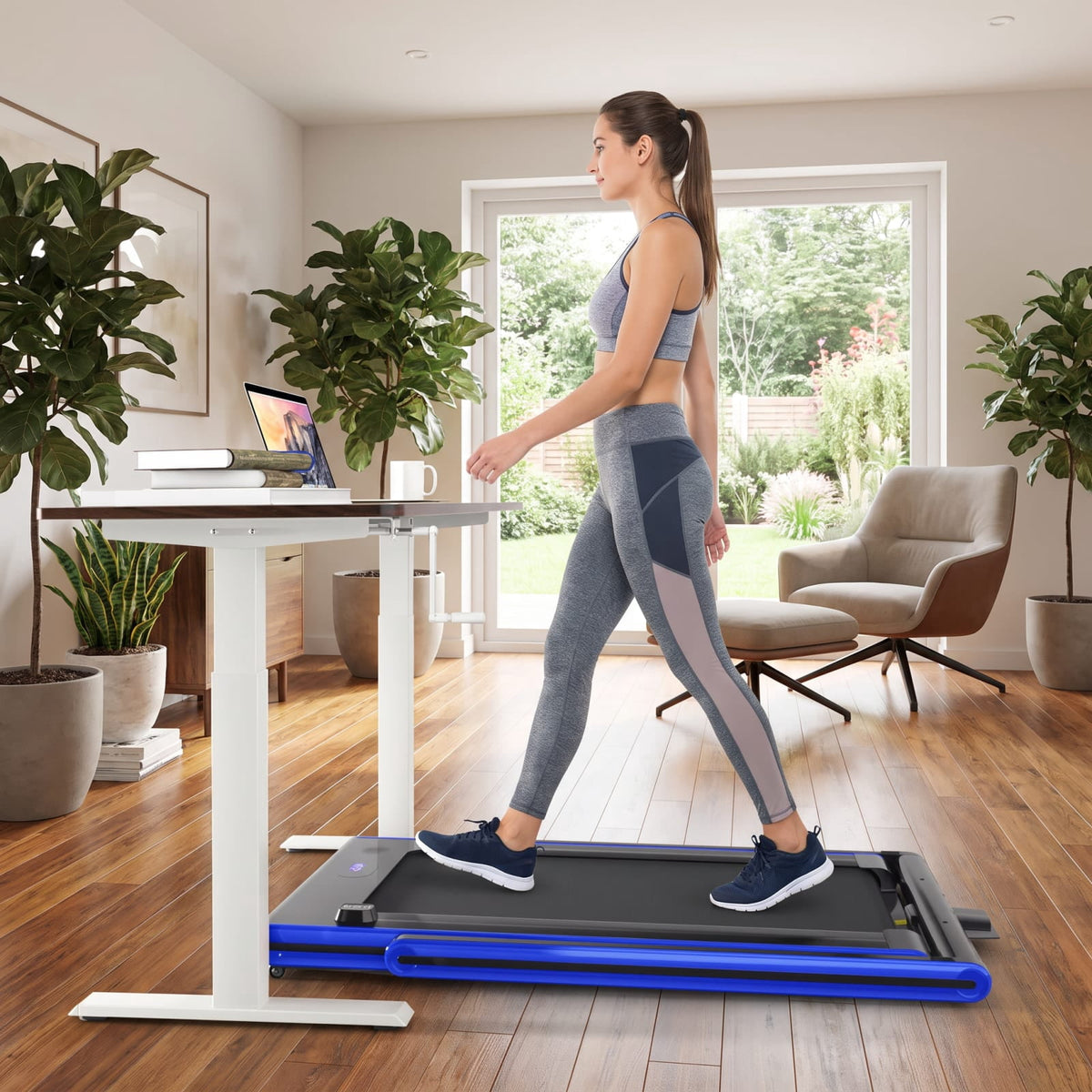 Airfind 2 in 1 Folding Treadmill with 2.25 HP Motor and Dual LED Display for Home Office Under Desk Walking and Jogging, Navy