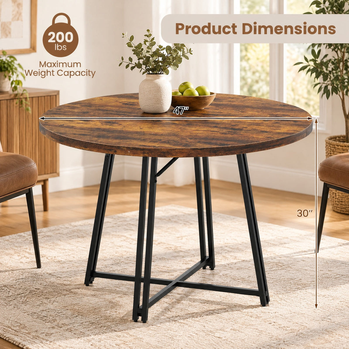 Airfind 47 Inch Dining Table for 4-6 People Round Kitchen Table with Cross Base, 200 lbs Capacity, Metal MDF Frame, 47 x 30.5 Footprint, Brown