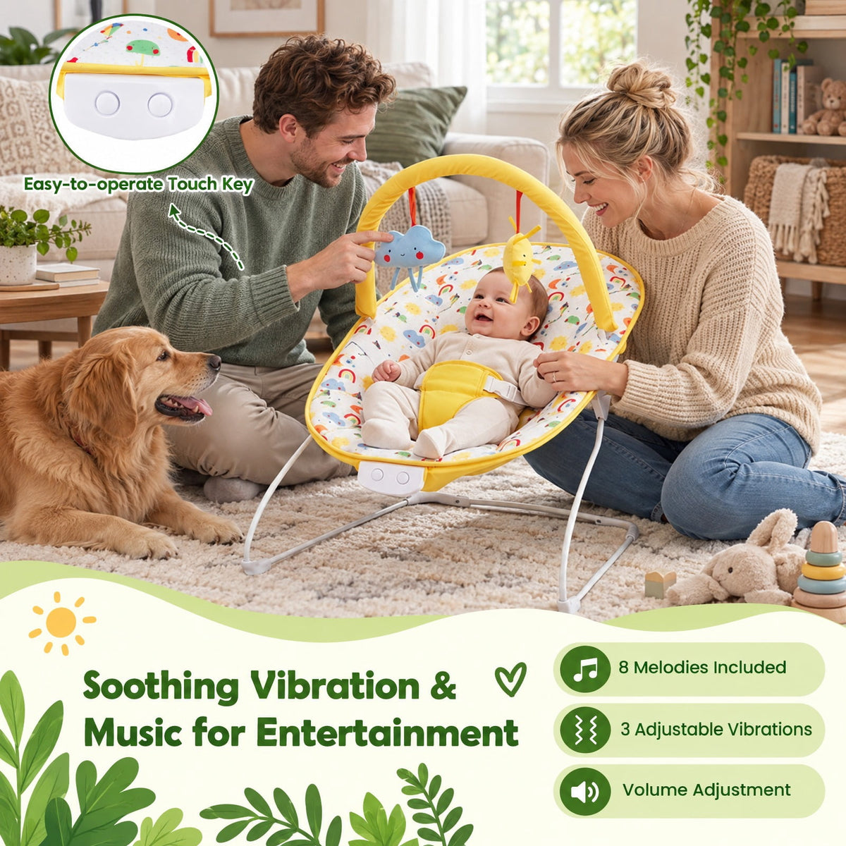 Airfind Portable Nursery Bouncer, Nursery Rocker Seat with Detachable Toy Bar, 20 lbs Capacity, Peach Velvet Fabric Polyester Metal ABS TPE, Yellow