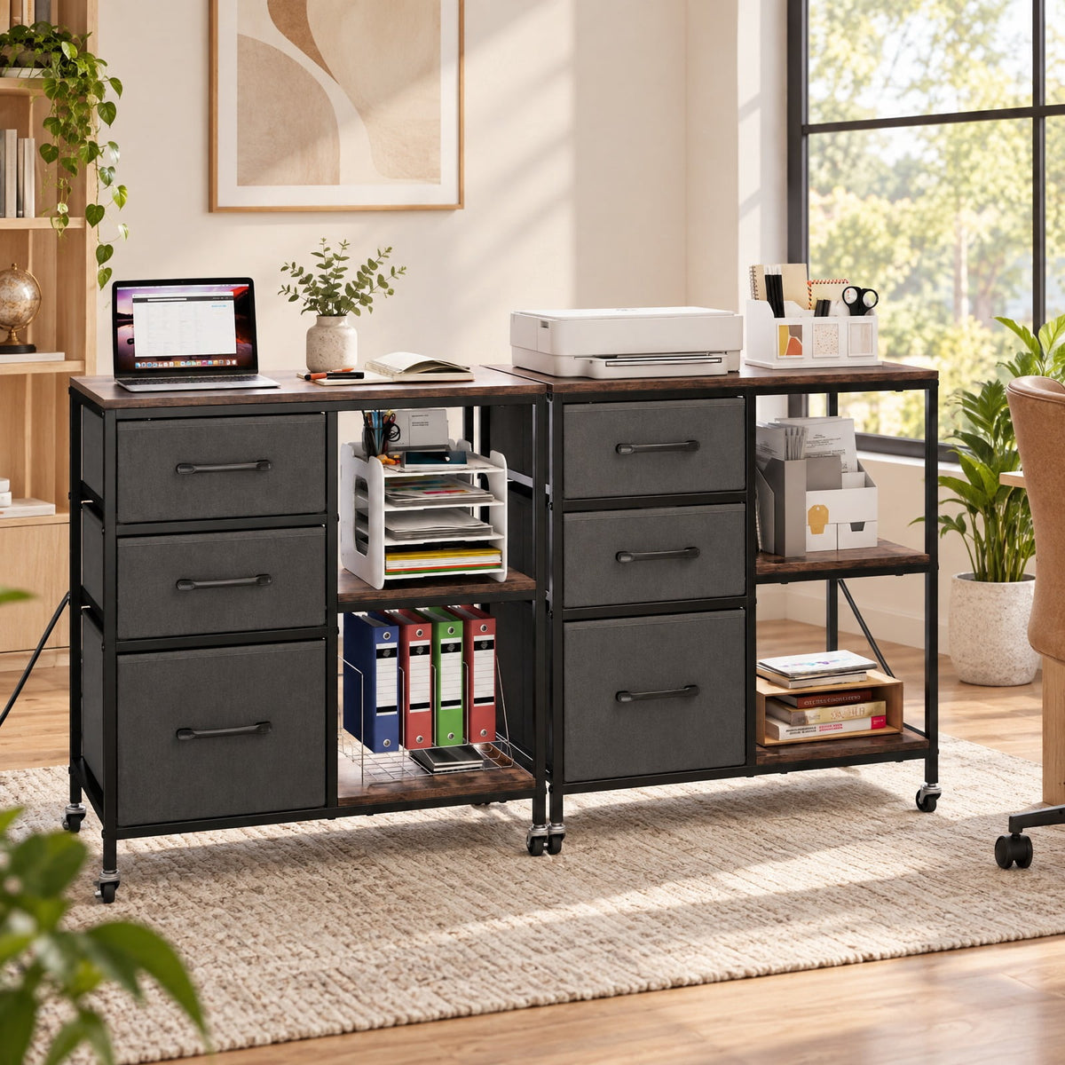 Airfind 3 Drawer Mobile File Cabinet with Charging Station Rolling Printer Stand with Open Storage Shelves, 44 lbs Capacity, Brown