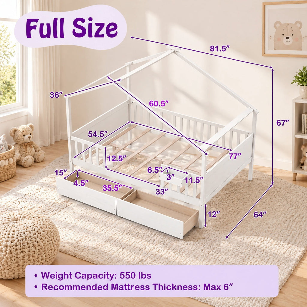 Airfind Full Size House Bed with Roof and Fence Rails for Kid, 550 lbs Capacity, Pine Wood Plywood MDF Engineered Wood Frame, White