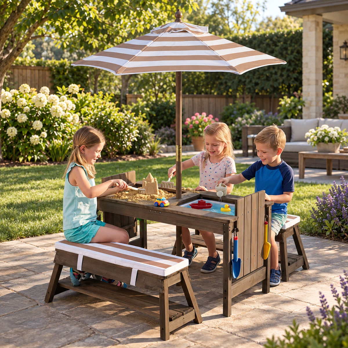 Airfind Outdoor Kids Wooden Picnic Table and Benches Set with Umbrella, 110 lbs Capacity, Fir Wood Nylon Fabric Sponge PP Frame, for 3+ Years Old