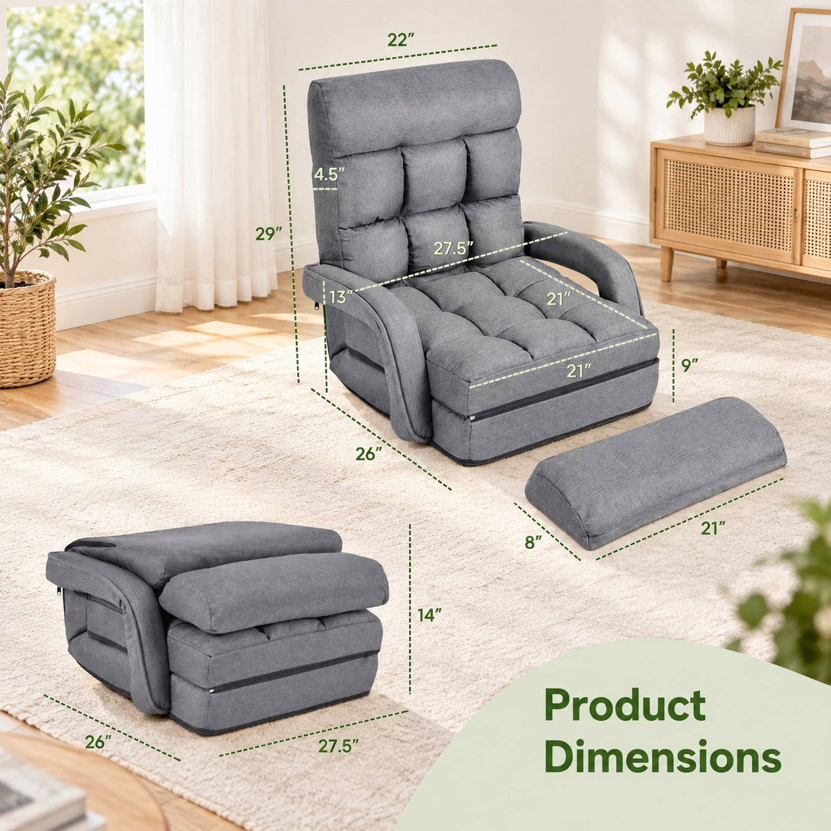 Airfind Folding Lazy Floor Chair Sofa with Armrests and Pillow, Linen-like cloth steel sponge Frame, 22in x 26in x 29in Footprint, Gray
