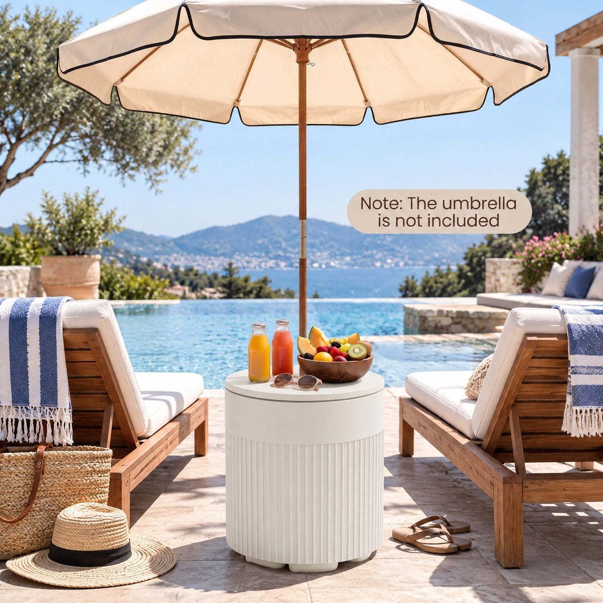 Airfind 3-in-1 Outdoor HDPE Umbrella Base, Cooler and Side Table with Water Bag and 2 Umbrella Hole for Patio, 15 x 15 x 17, White