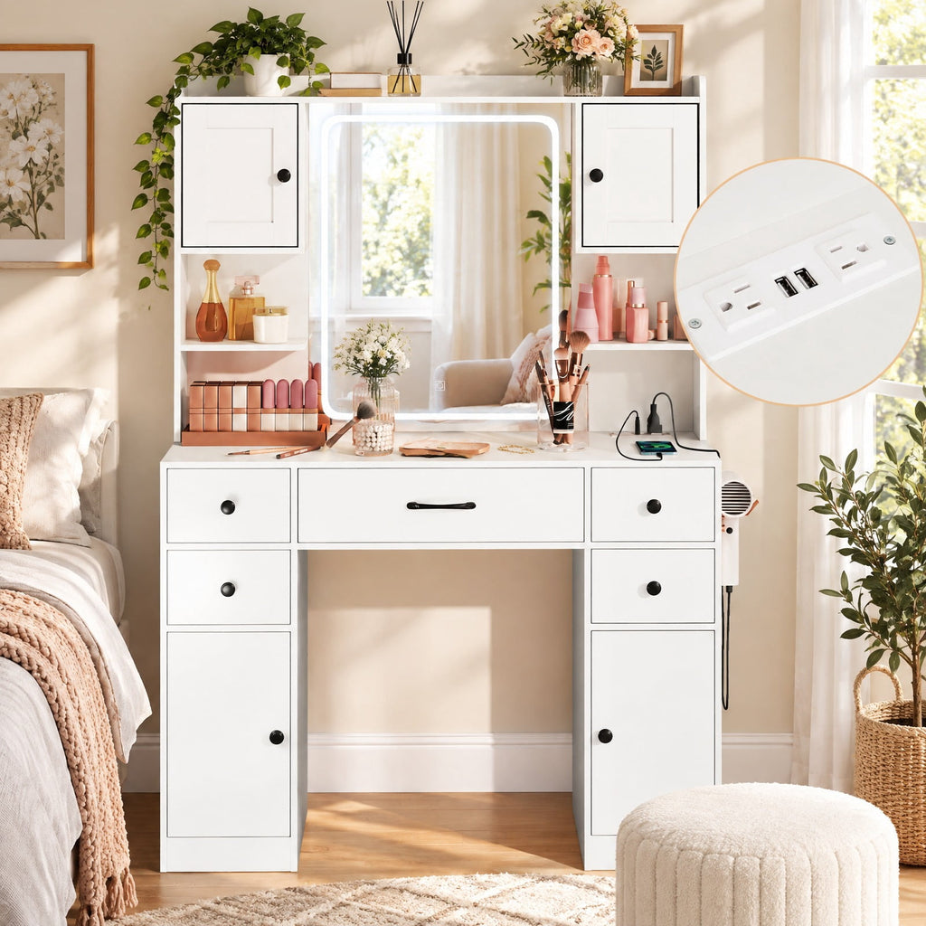 Airfind Makeup Vanity Desk with Lighted Mirror and Charging Station, 110 lbs Capacity, Engineered Wood Frame, 41.5 Inch x 16 Inch x 59 Inch Footprint, White