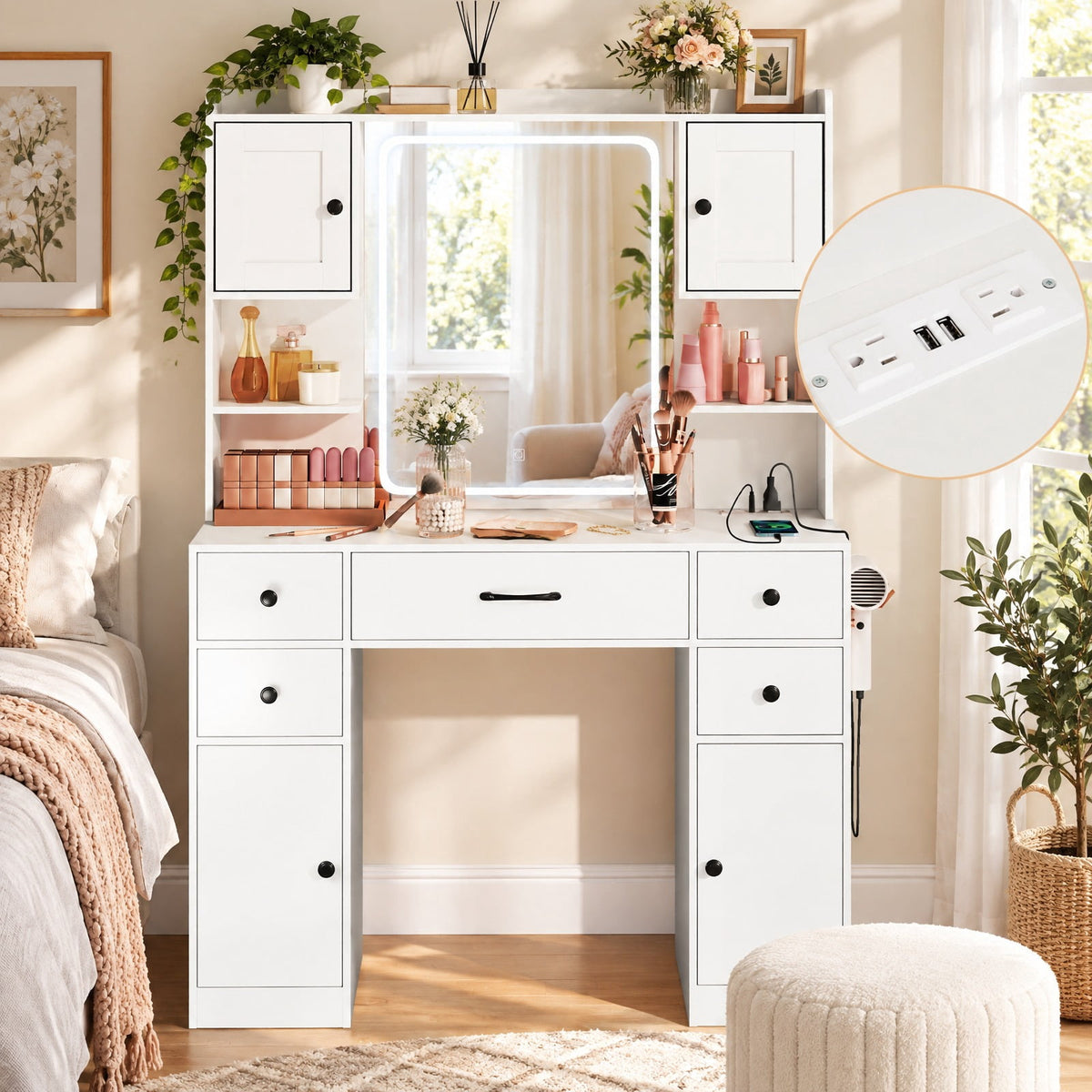 Airfind Makeup Vanity Desk with Lighted Mirror and Charging Station, 110 lbs Capacity, Engineered Wood Frame, 41.5 Inch x 16 Inch x 59 Inch Footprint, White