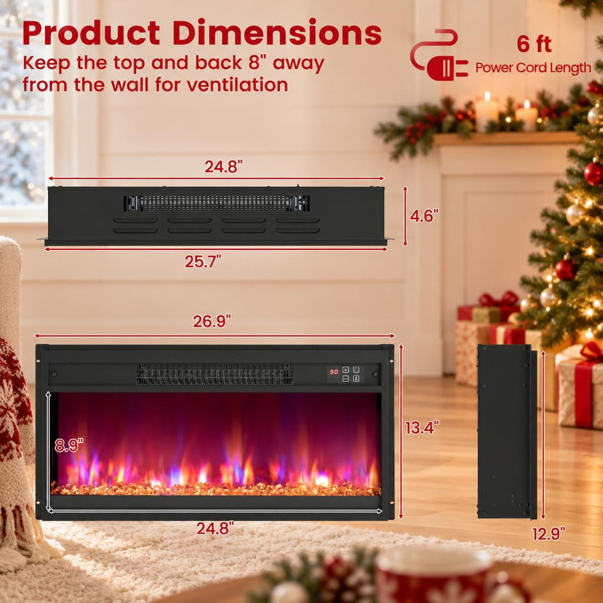 Airfind 18/23/26 Inch 1500W Electric Fireplace Insert with Remote Control-26 inches, Metal Tempered Glass Frame, 19.3in x 4.8in x 17.7in Footprint