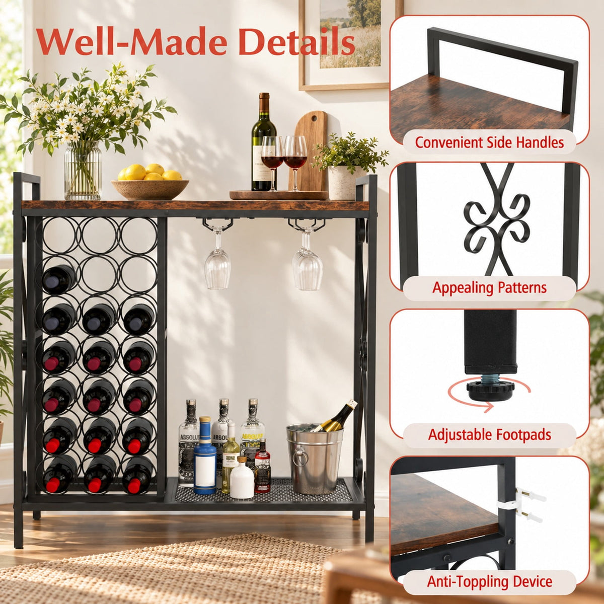 Airfind 21 Bottle Wine Rack Freestanding Floor Wine Bottle Organizer with Glass Holder, 44 lbs Capacity, Metal Engineered Wood Frame, Brown