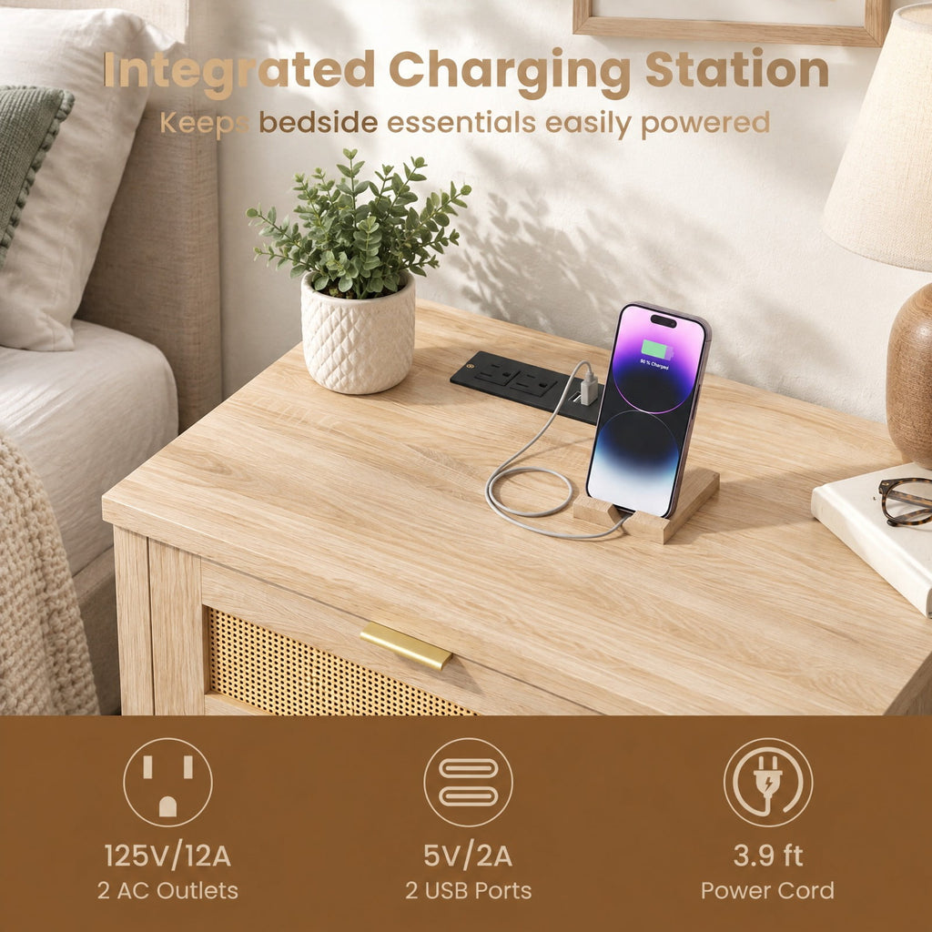Airfind Rattan Nightstand with Charging Station and Storage Shelf for Bedroom, 88 lbs Capacity, Engineered Wood PVC Rattan Metal Frame, Oak