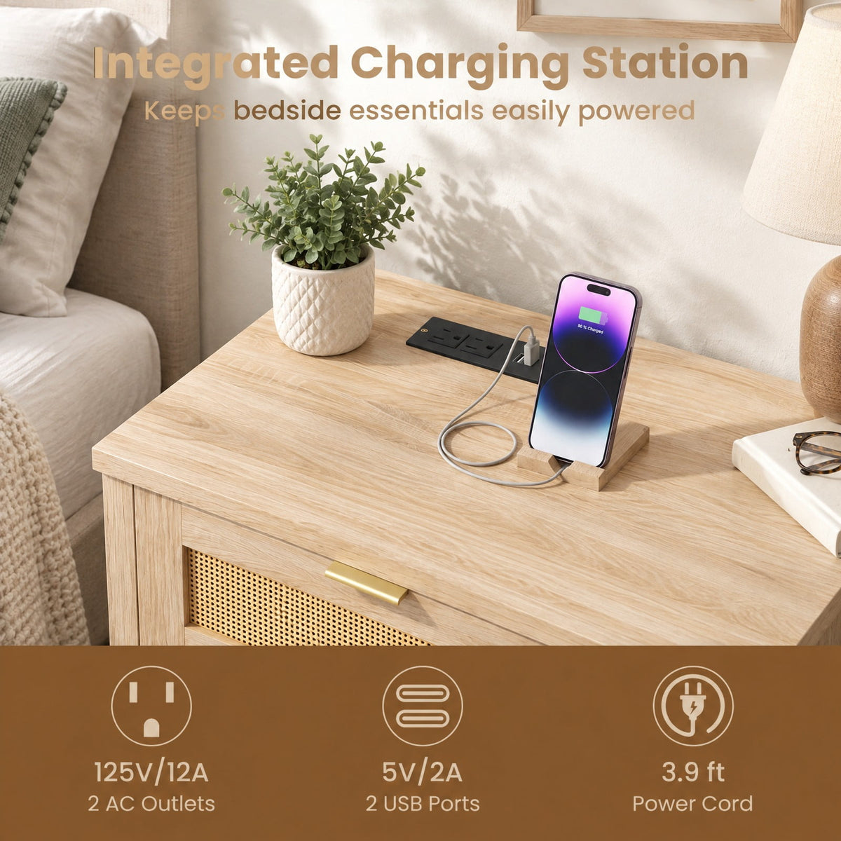 Airfind Rattan Nightstand with Charging Station and Storage Shelf for Bedroom, 88 lbs Capacity, Engineered Wood PVC Rattan Metal Frame, Oak