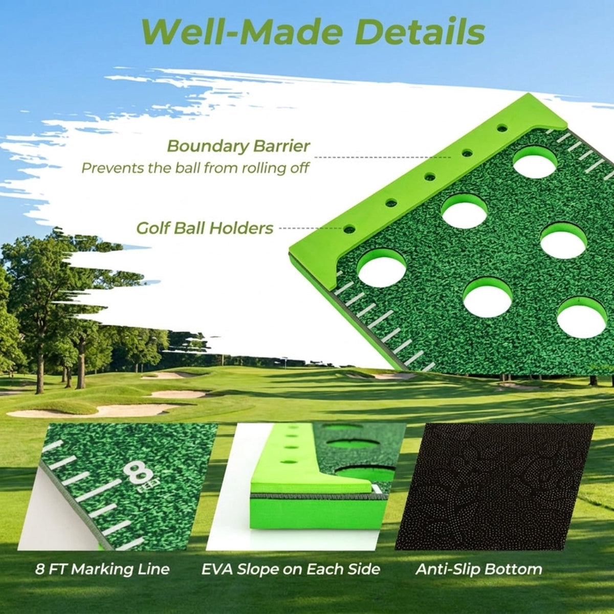 Airfind Premium Golf Hitting Practice Mat with thickened turf simulation and rubber anti-slip base plus ball tee holes for backyard driving practice, Green