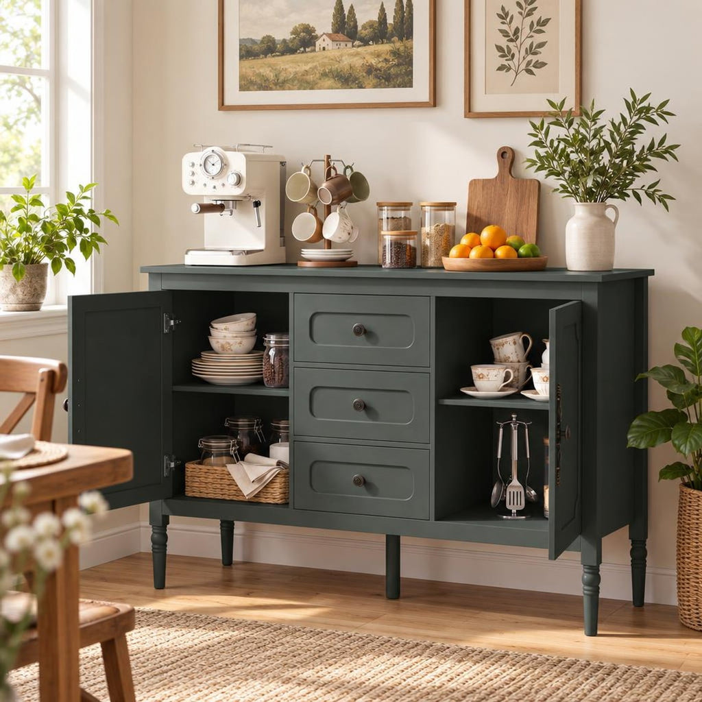 Airfind 47 Inch Vintage Buffet Cabinet with 3 Drawers 2 Cabinets and Adjustable Shelves for Dining Room, 110 Lbs Capacity, 47 Inch X 15.5 Inch X 31.5 Inch, Green