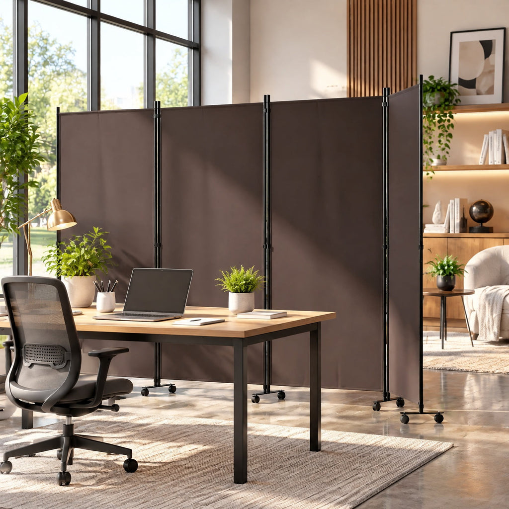 Airfind 4 Panel Folding Privacy Screen Room Divider with Wheels, Polyester Fabric Metal PP Frame, 137 x 12 x 71.5 Footprint, Brown